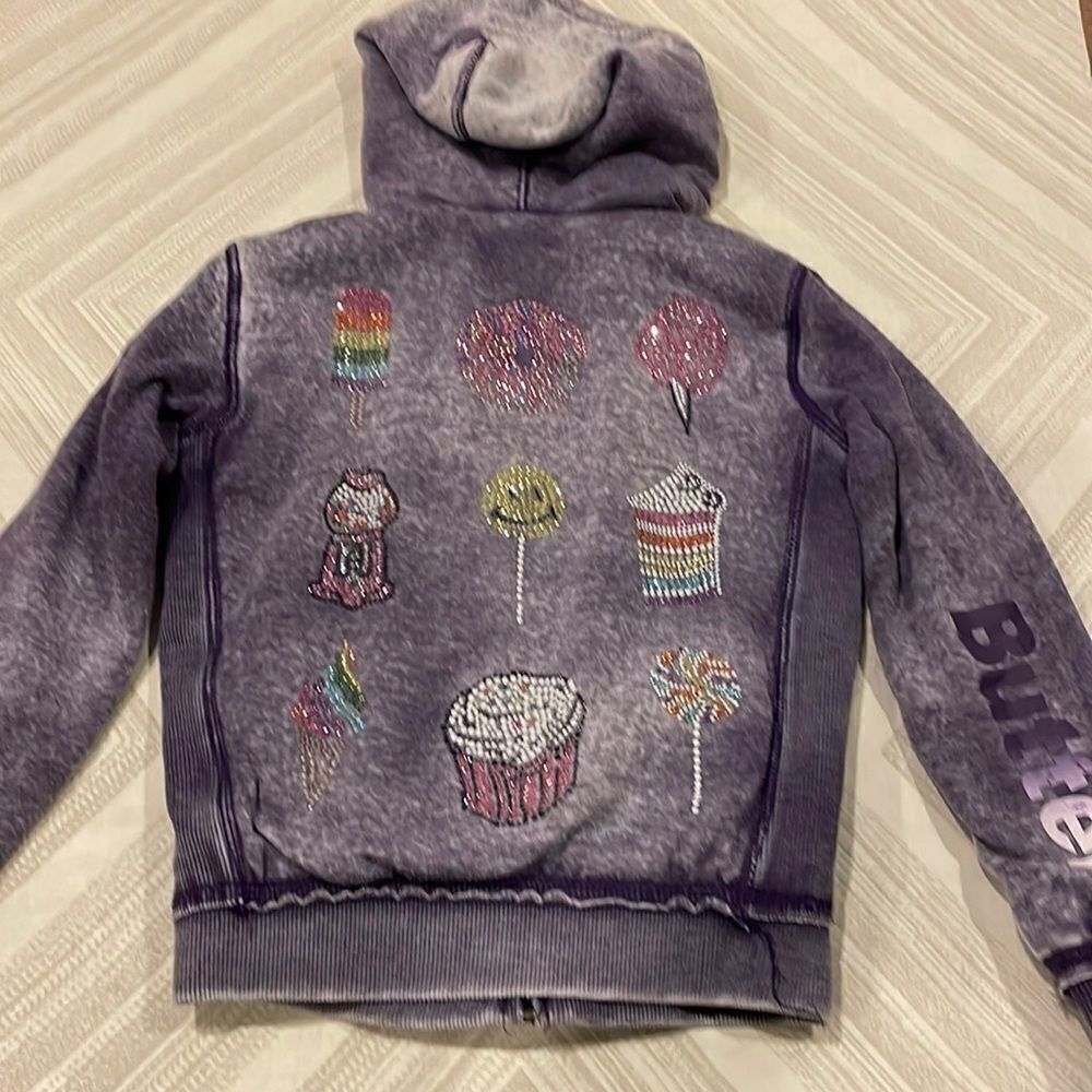 Butter Super Soft Girls Reversible Purple Emoji Sparkle Zip-up Sweatshirt
